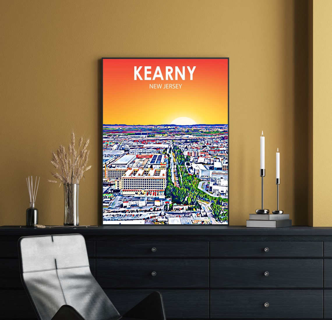 Kearny New Jersey Art Poster Sunset Landscape Poster Print Kearny City Framed Wall Art United States Colorful Skyline Sketch Photo - Image 2