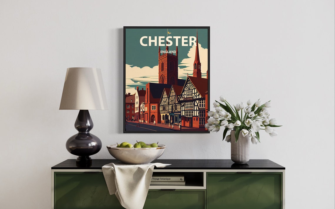 Chester England Half Timbered Street Cathedral Retro Art Poster - Image 3