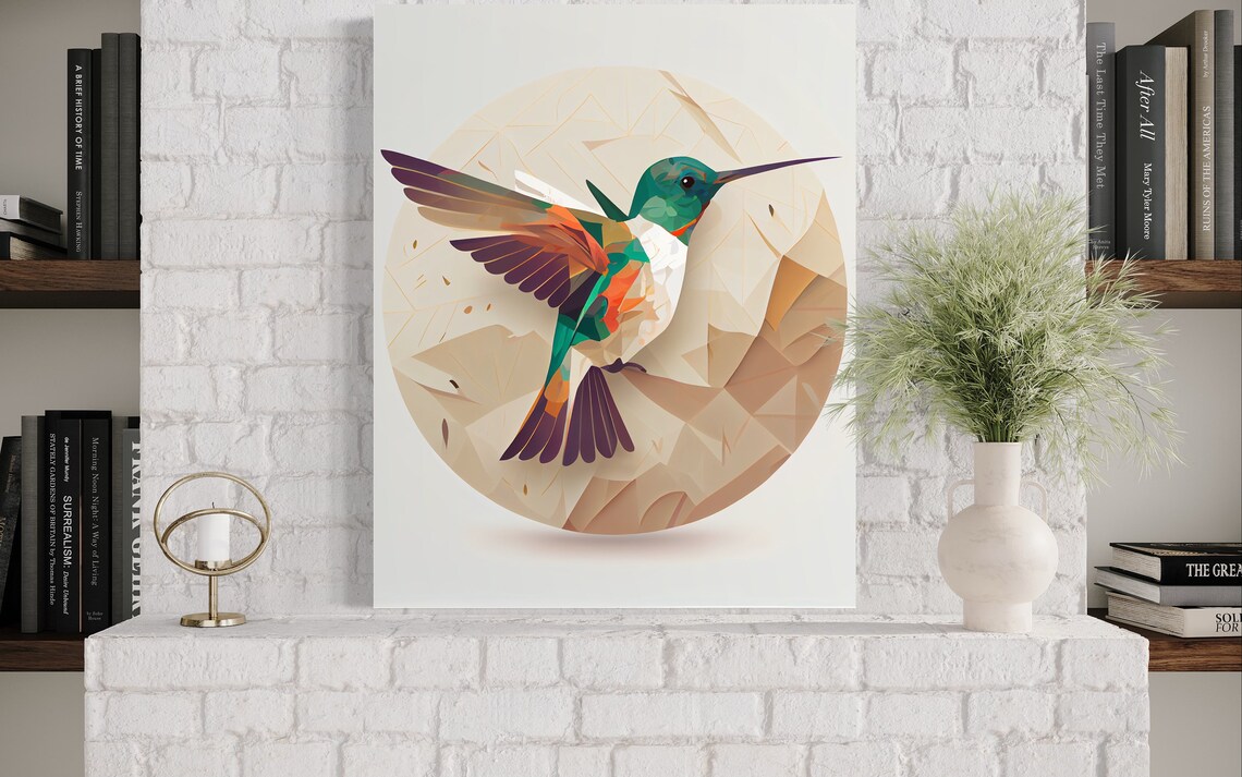 Hummingbird in Flight Over Geometric Low Poly Bird Art Poster - Image 3