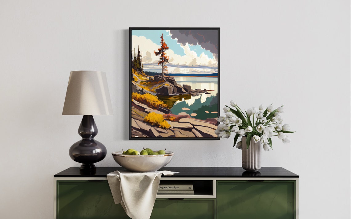 Autumn Lakeside Rocky Shore Golden Trees Vintage Style Poster - Image 3