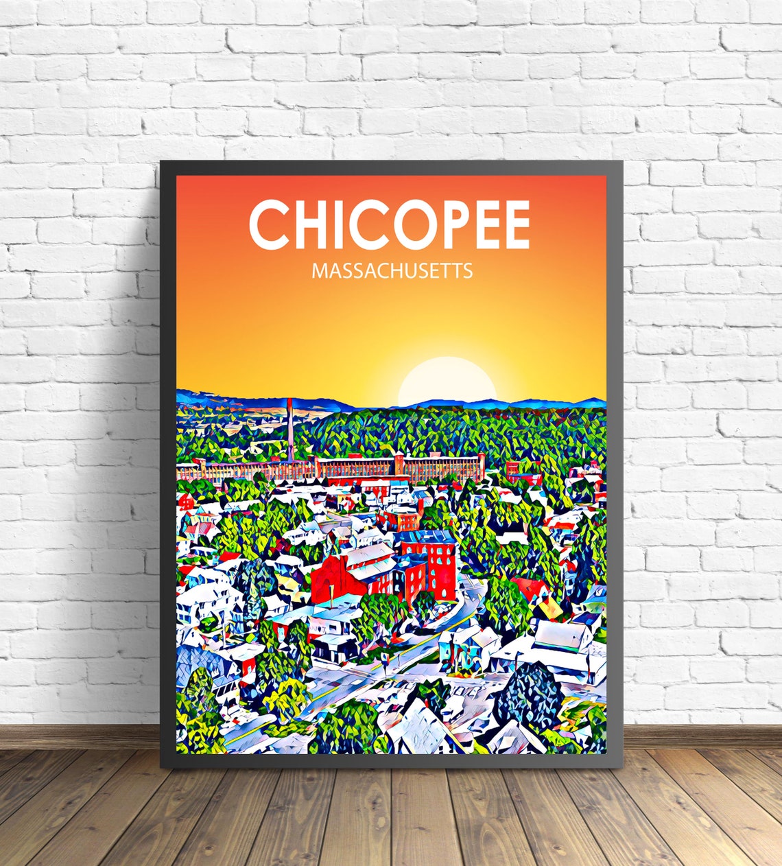 Chicopee Massachusetts Sunset Mill Town Aerial Skyline Poster