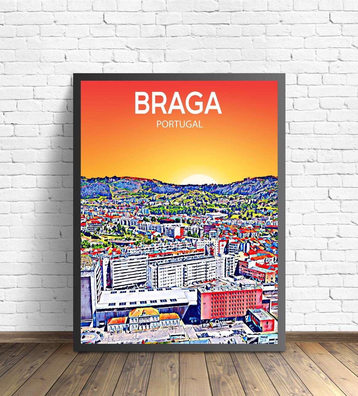 Braga Portugal Sunset Skyline Hillside Sketch Travel Poster Art