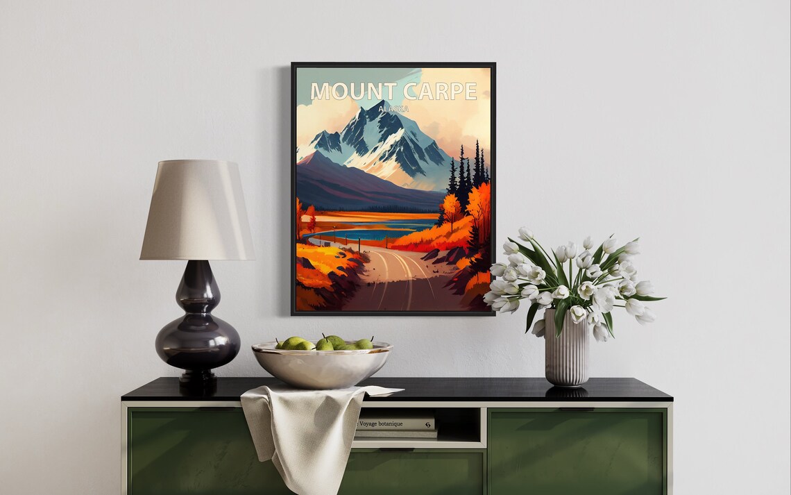 Mount Carpe Alaska Winding Dirt Road Lakeside Autumn Travel Poster - Image 3