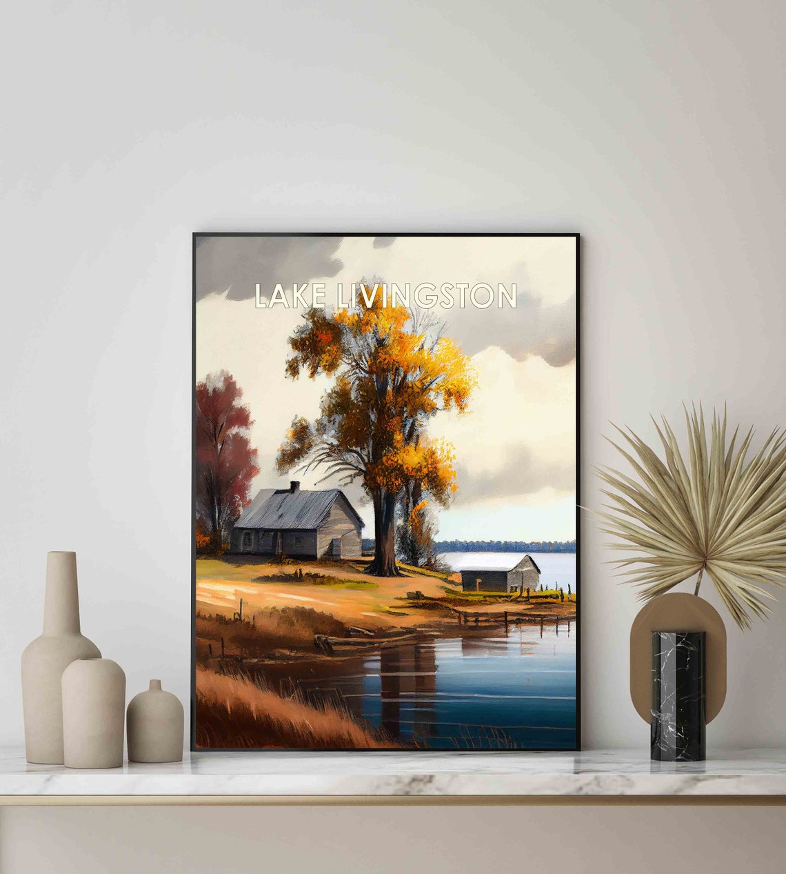 Lake Livingston Texas Retro Poster with a Lakeside Cabin at Sunset - Image 2