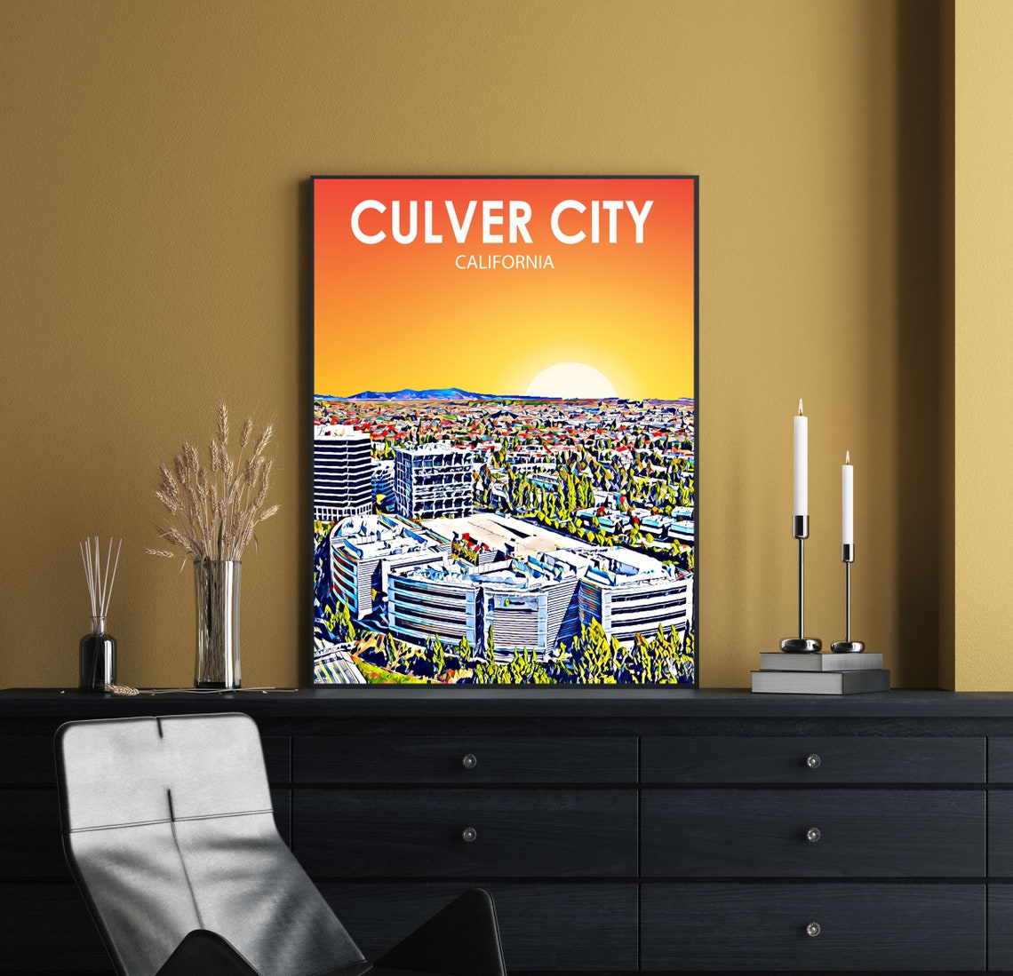 Culver City California Art Poster Sunset Landscape Poster Print Culver City Wall Art United States Colorful Skyline Sketch Photo - Image 2