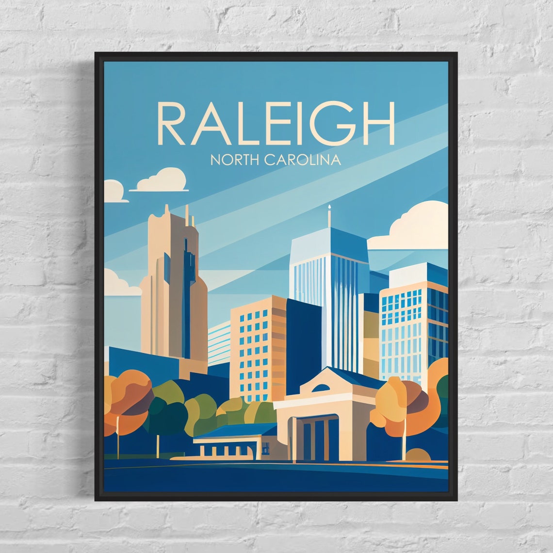 Raleigh North Carolina Downtown Skyline with Trees Retro Travel Poster