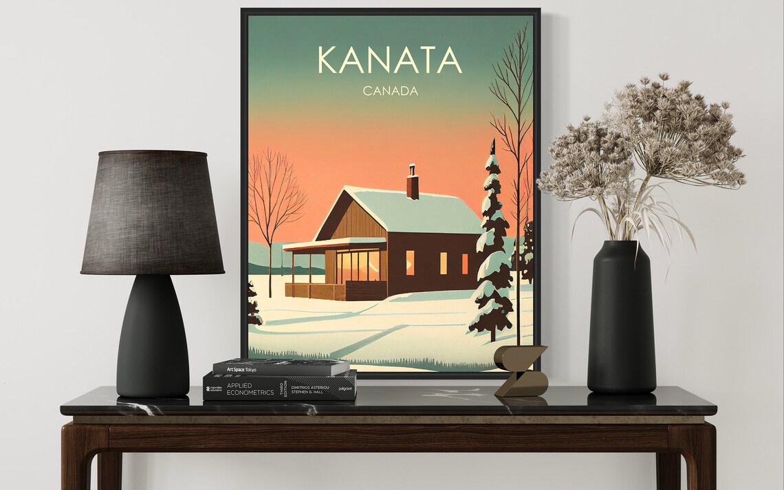 Kanata Canada Snowy Cabin Winter Sunset Snow Scene Retro Travel Poster - Image 2