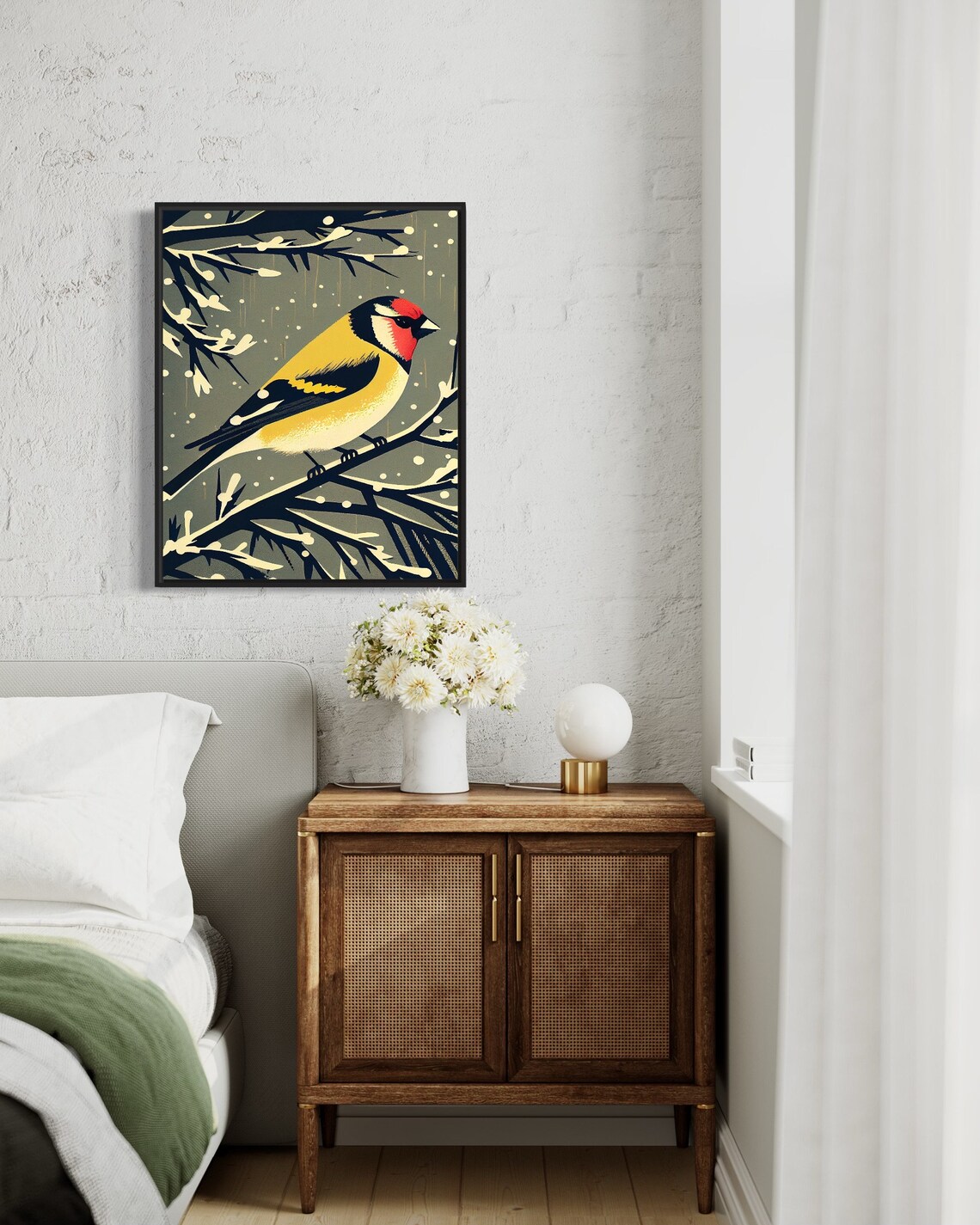 European Goldfinch in Winter Snowy Branch Vintage Bird Art Print - Image 3