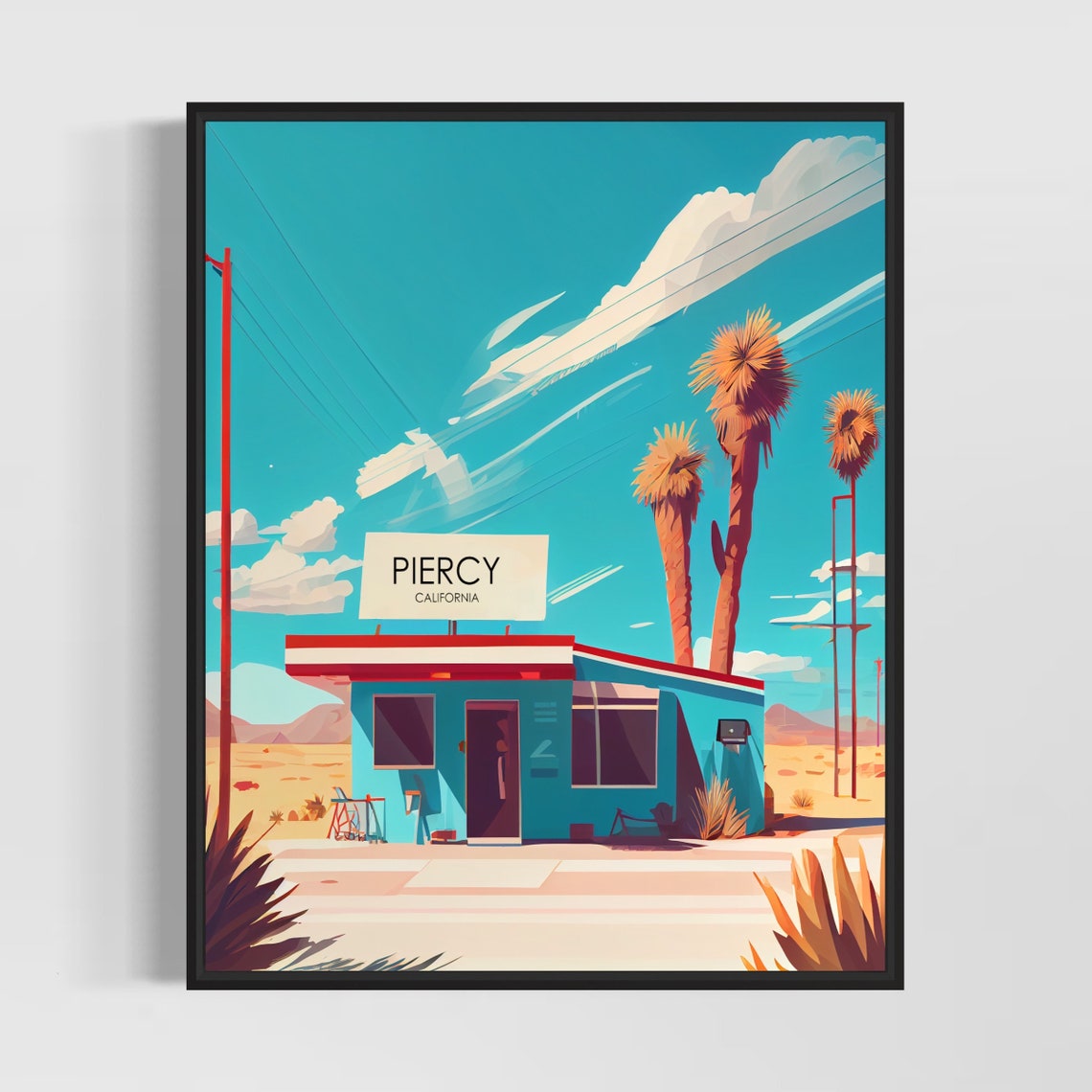 Piercy California Desert Gas Station Retro Roadside Art Poster