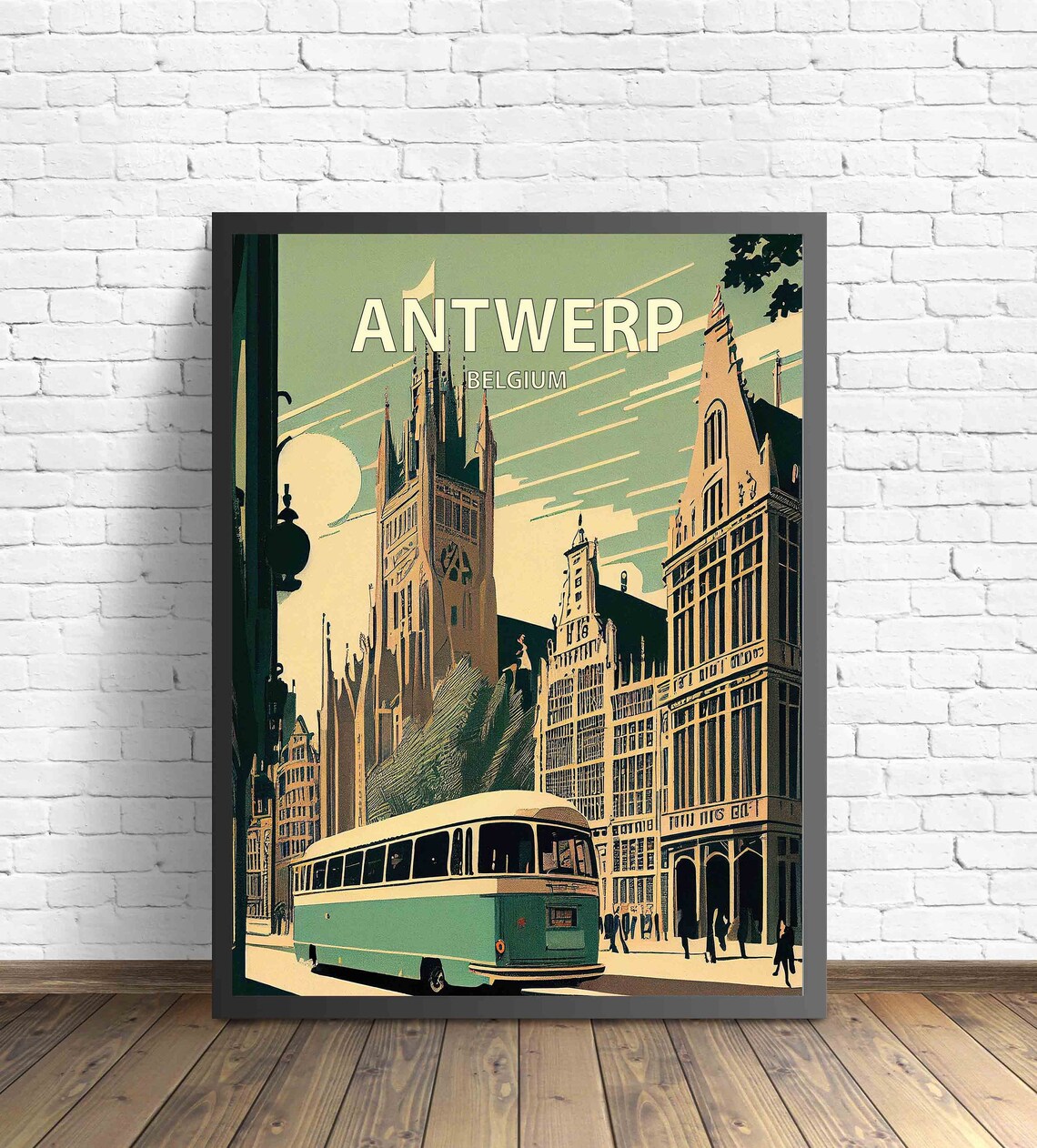 Antwerp Belgium Gothic Cathedral Vintage Bus Retro City Travel Poster - Image 3