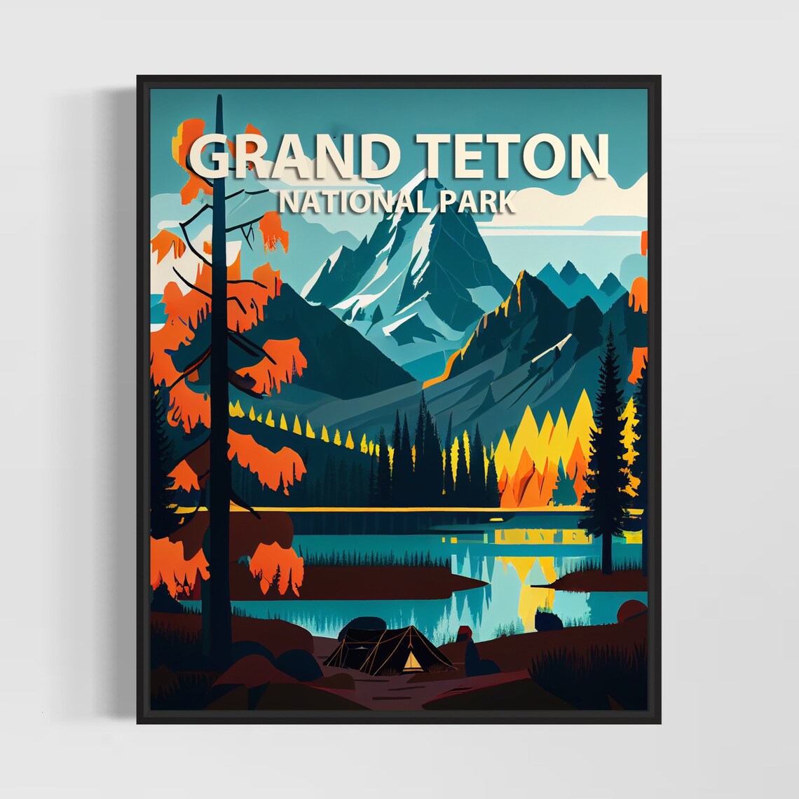 Grand Teton National Park Autumn Camping Lakeside Travel Poster