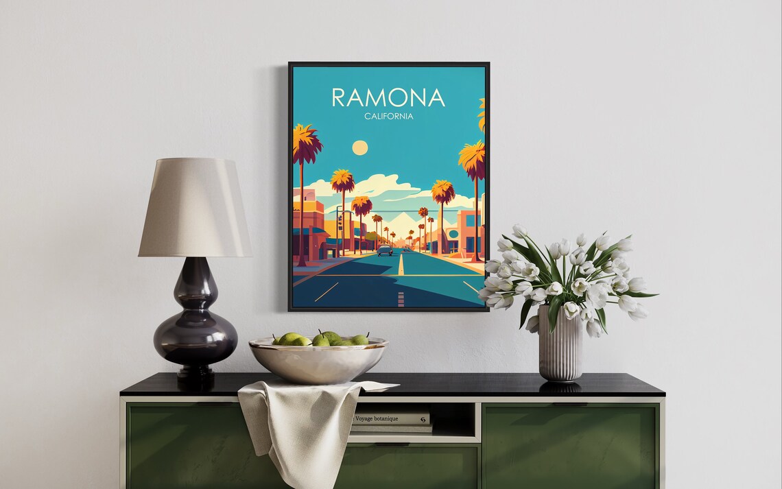 Ramona California Palm Lined Main Street Retro Travel Poster - Image 3