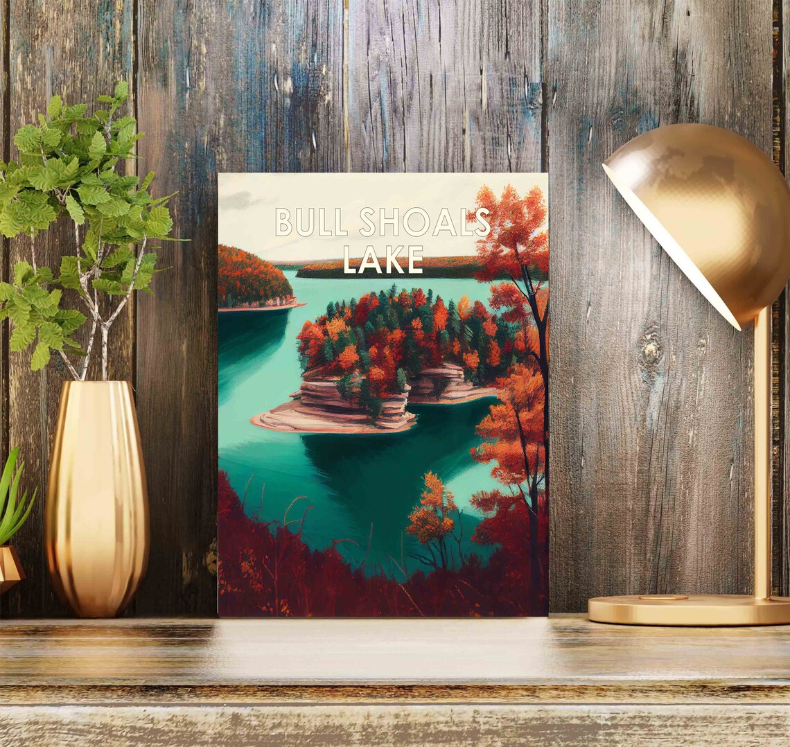Bull Shoals Lake Retro Autumn Foliage Watercolor Landscape Poster - Image 2