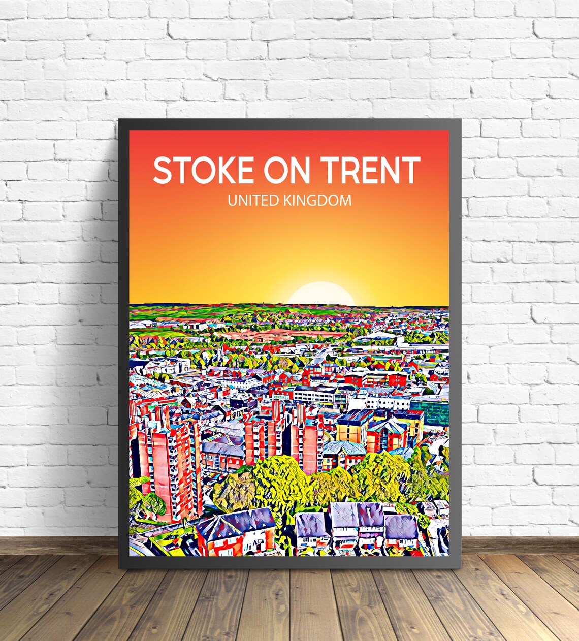 Stoke On Trent Sunset Cityscape Red Brick Modern Skyline Art Poster
