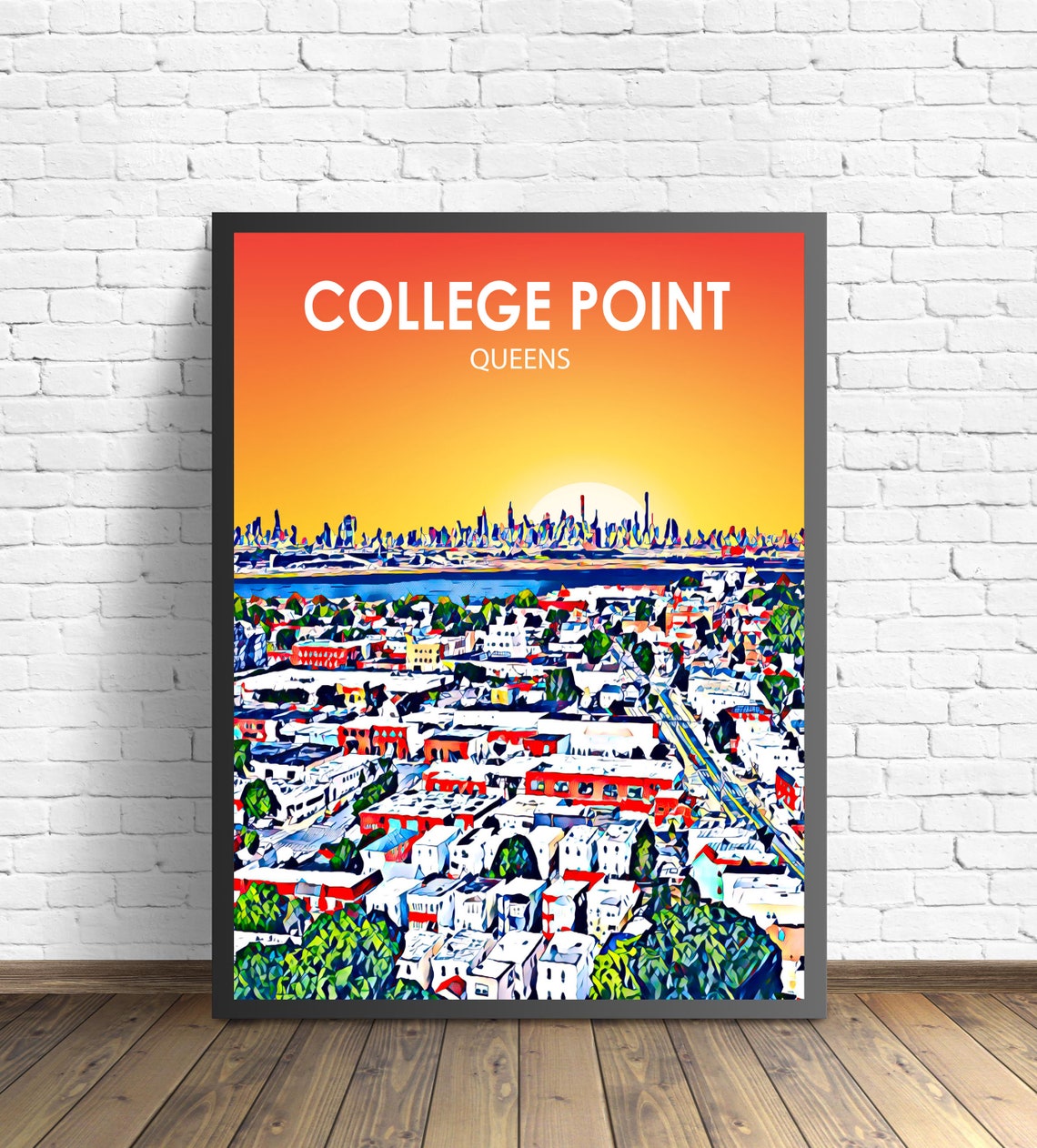 College Point Queens NYC Sunset Waterfront Sketch Travel Poster
