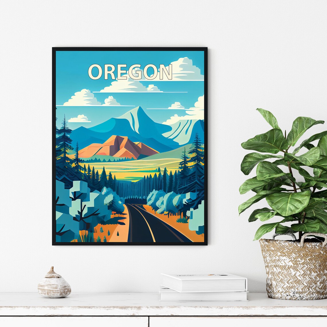 Oregon Mountain Road Evergreen Forest Snowy Peaks Travel Poster - Image 2