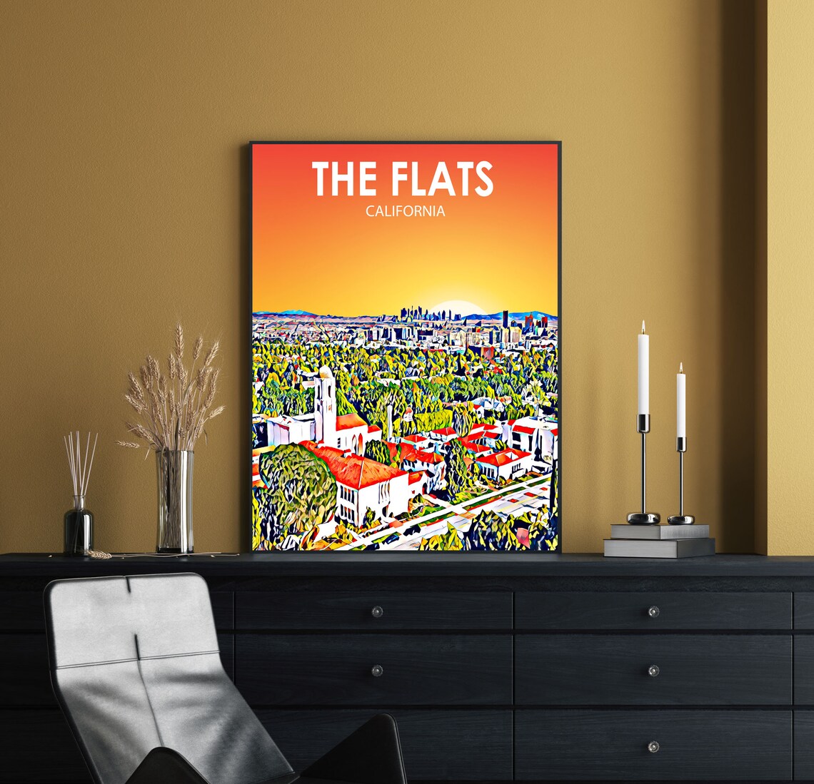 The Flats California Sunset Red Roof Neighborhood Skyline Art Poster - Image 2
