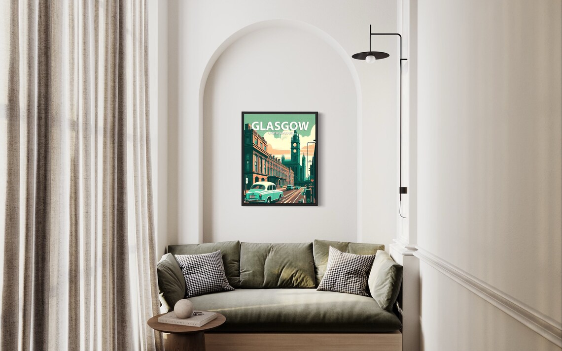 Glasgow United Kingdom Vintage Street Scene with Classic Car Poster - Image 2
