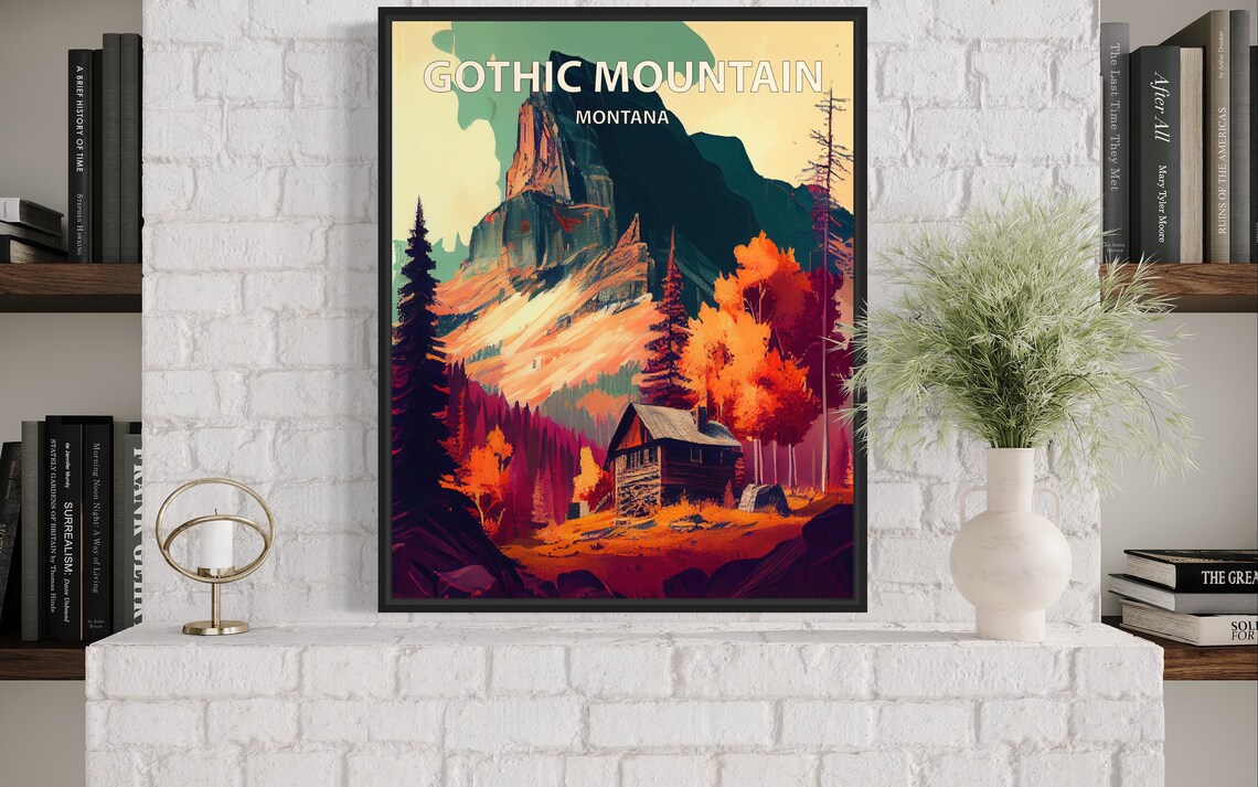 Gothic Mountain Montana Dark Rock Cabin Autumn Forest Poster - Image 2