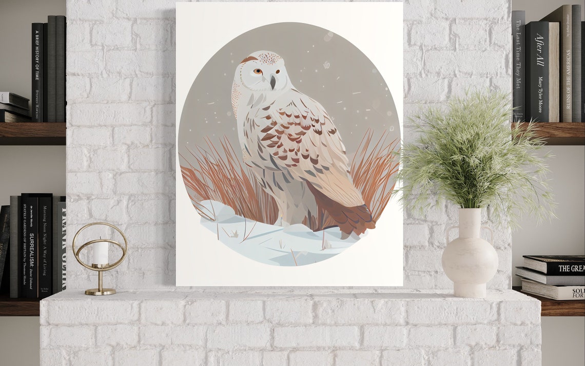 Snowy Owl in Falling Snow Winter Wildlife Circular Art Poster - Image 3