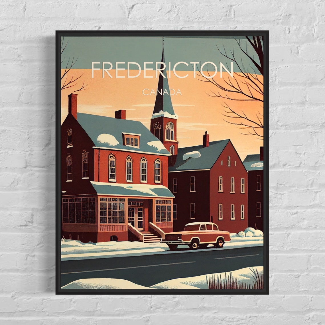 Fredericton Canada Winter Snowy Street Church Spire Retro Poster