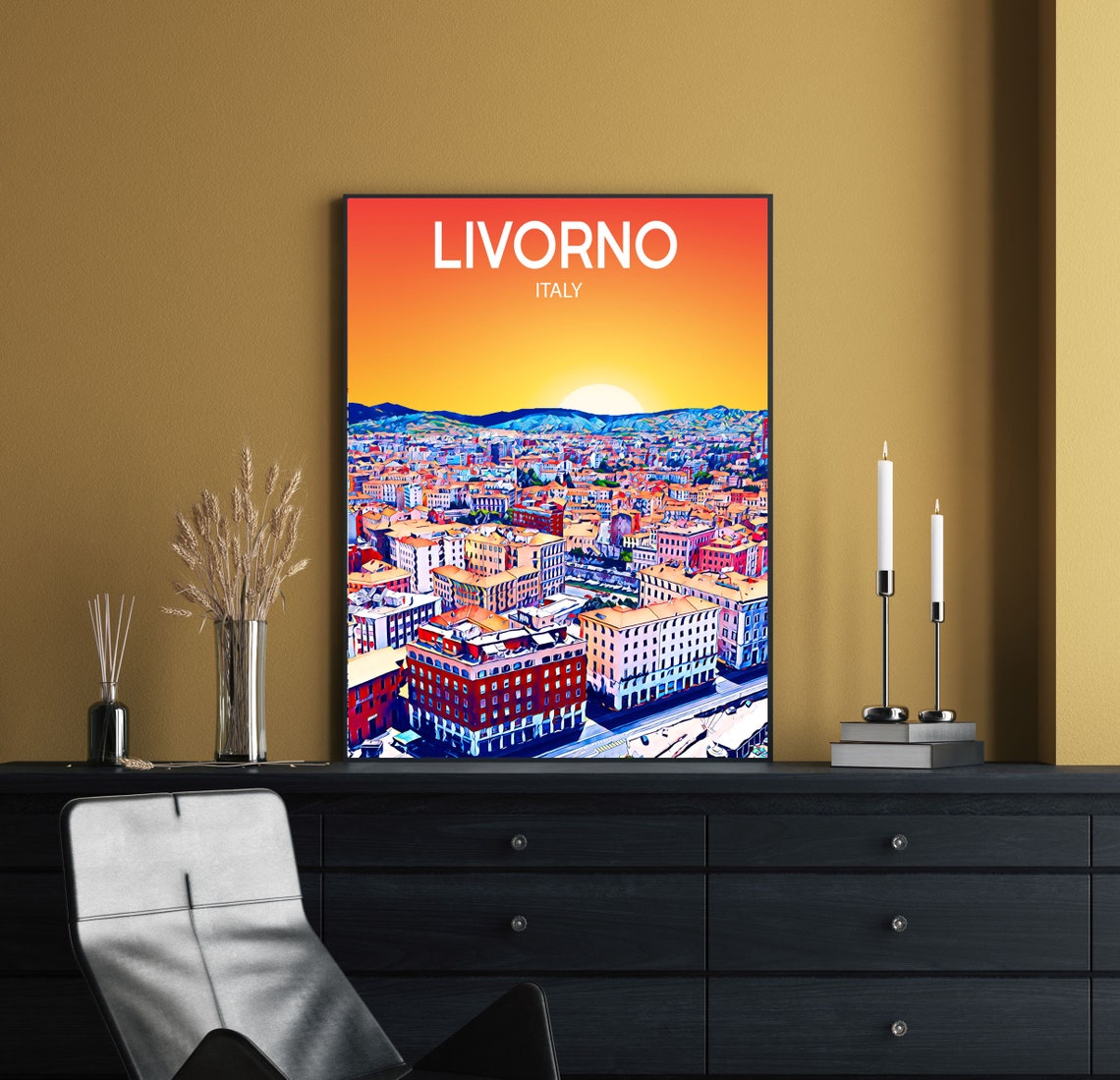 Livorno Italy Art Poster Sunset Night Poster Art Print Livorno City Modern Wall Art Colorful Skyline Sketch Photo - Image 2
