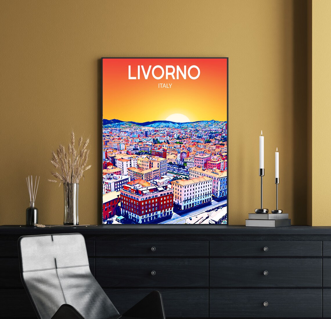Livorno Italy Sunset Skyline Vibrant Mosaic Cityscape Art Poster - Image 2