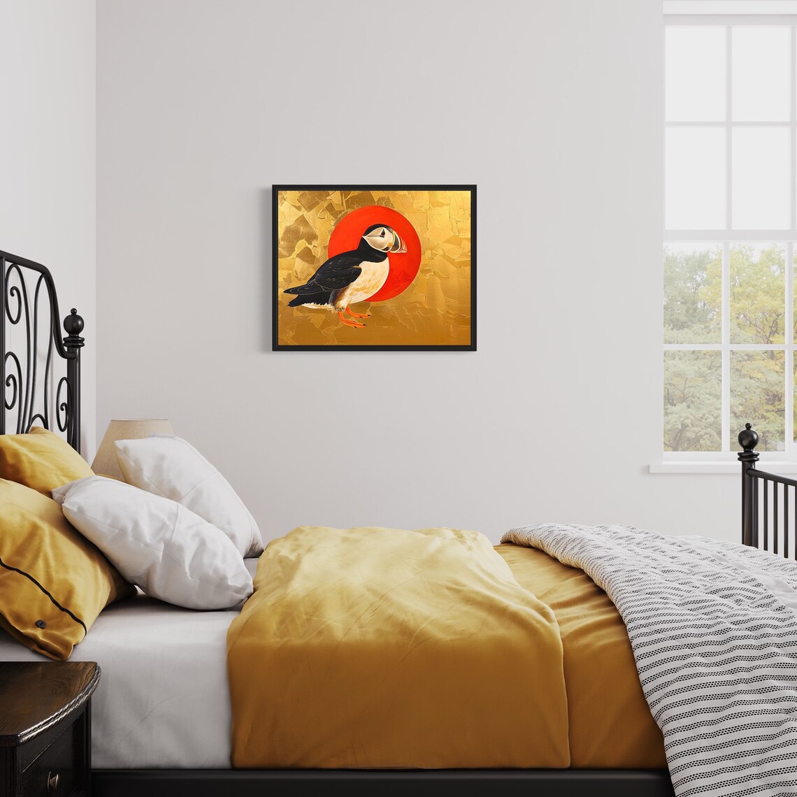 Puffin Perched Before Red Sun Gold Leaf Coastal Seabird Art Poster - Image 3