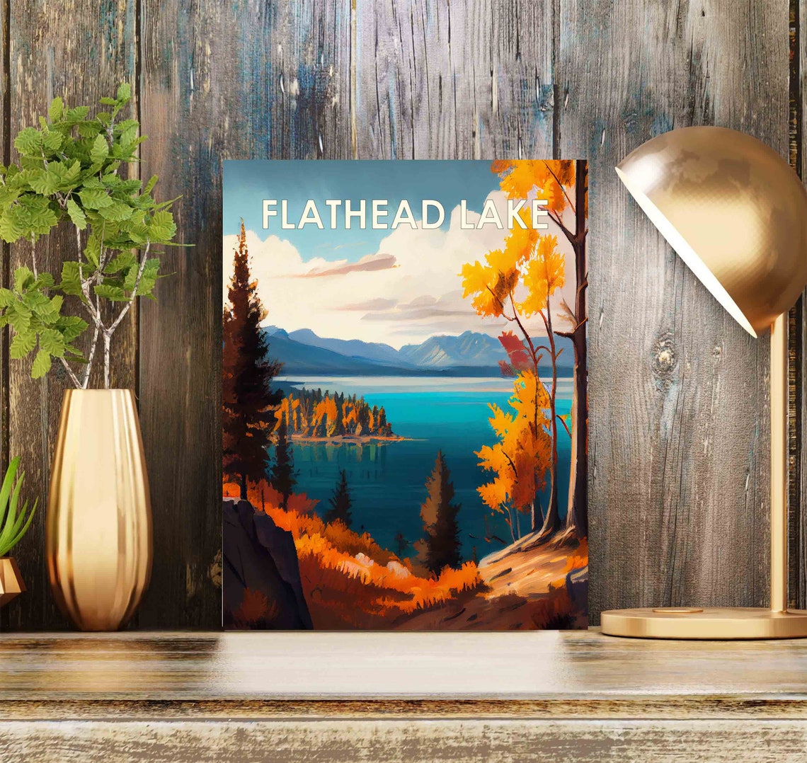 Flathead Lake Autumn Island Mountains Painterly Nature Travel Poster - Image 2