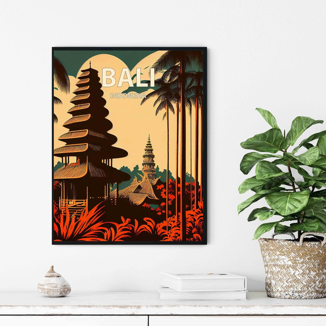 Bali Indonesia Balinese Temple Silhouette Palm Grove Travel Poster - Image 2