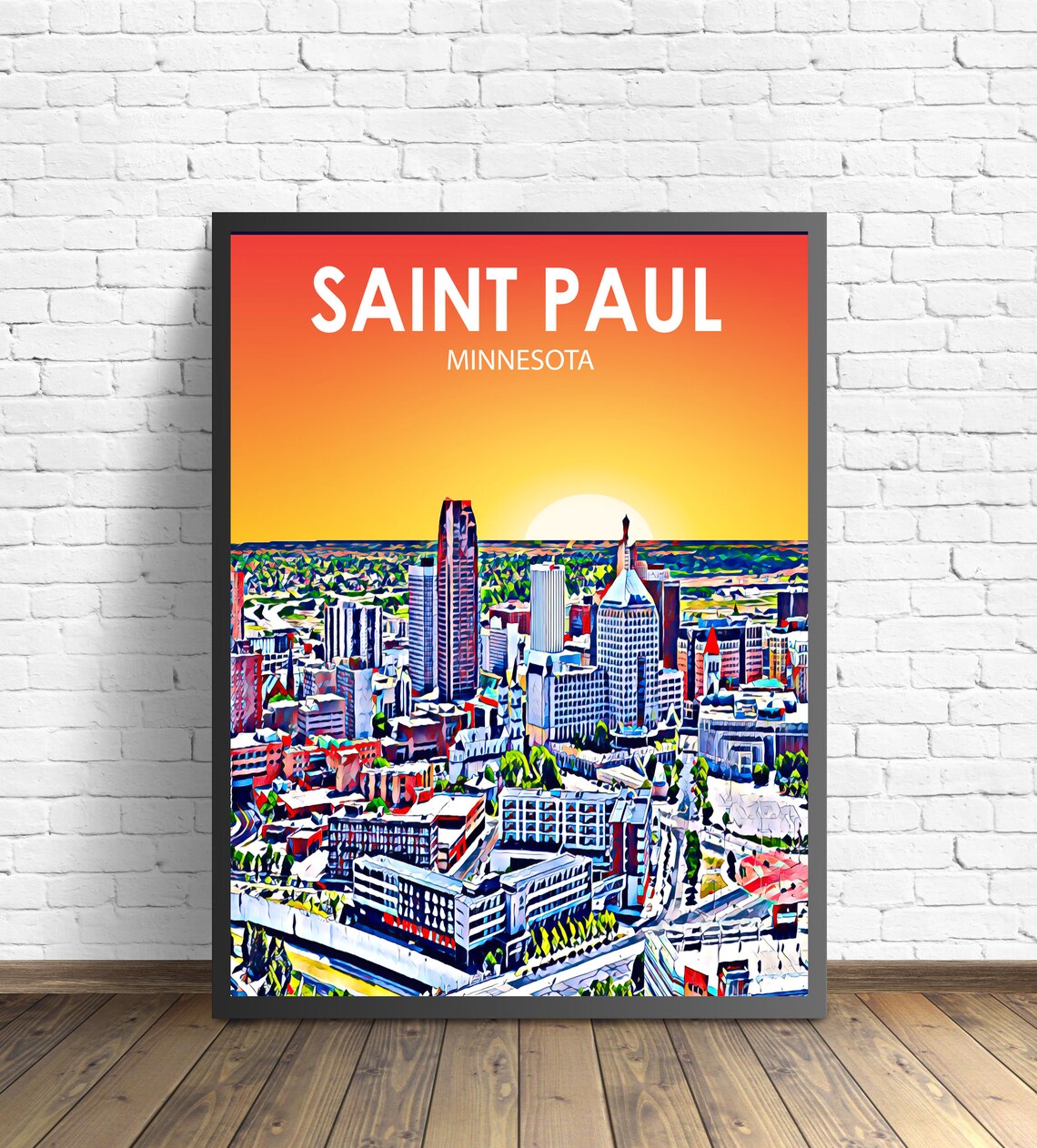 Saint Paul Minnesota Sunset Skyline Twin Cities Pop Art Travel Poster