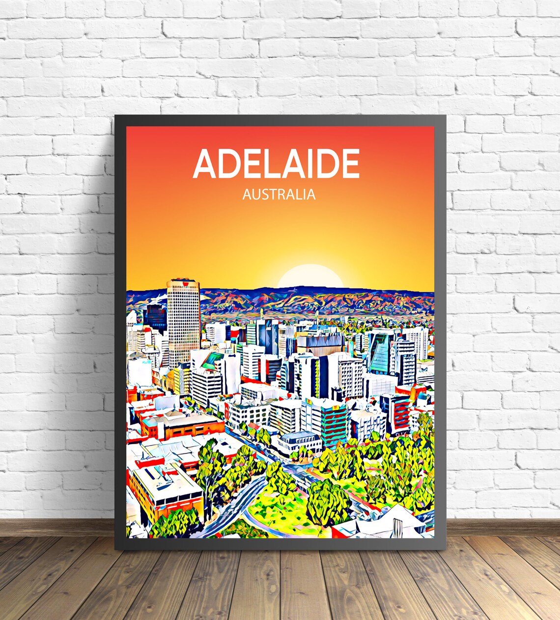Adelaide Australia Fiery Orange Sunset Skyline City Art Poster
