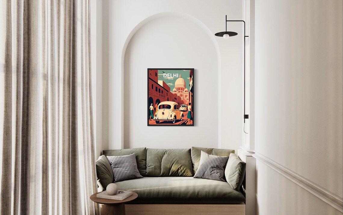 Delhi India Retro Old Street Vintage Cars Bustling Scene Travel Poster - Image 2