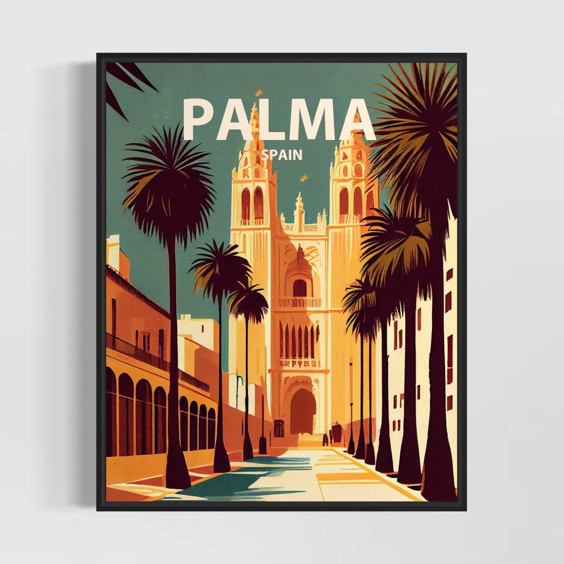 Palma Spain Cathedral Tall Palms Sunlit Avenue Mallorca Travel Poster