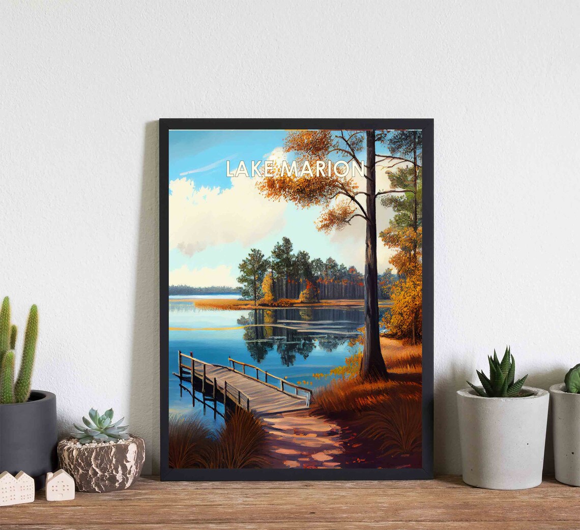 Lake Marion Autumn Lakeside Wooden Dock Fall Colors Art Poster - Image 3
