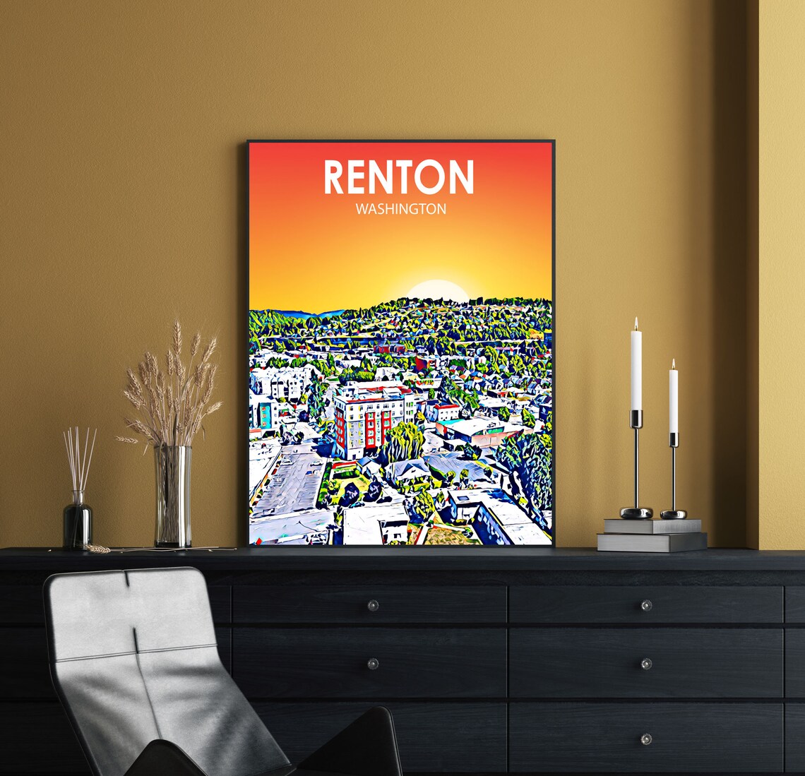 Renton Washington Colorful Sunset Skyline City Travel Poster - Image 2