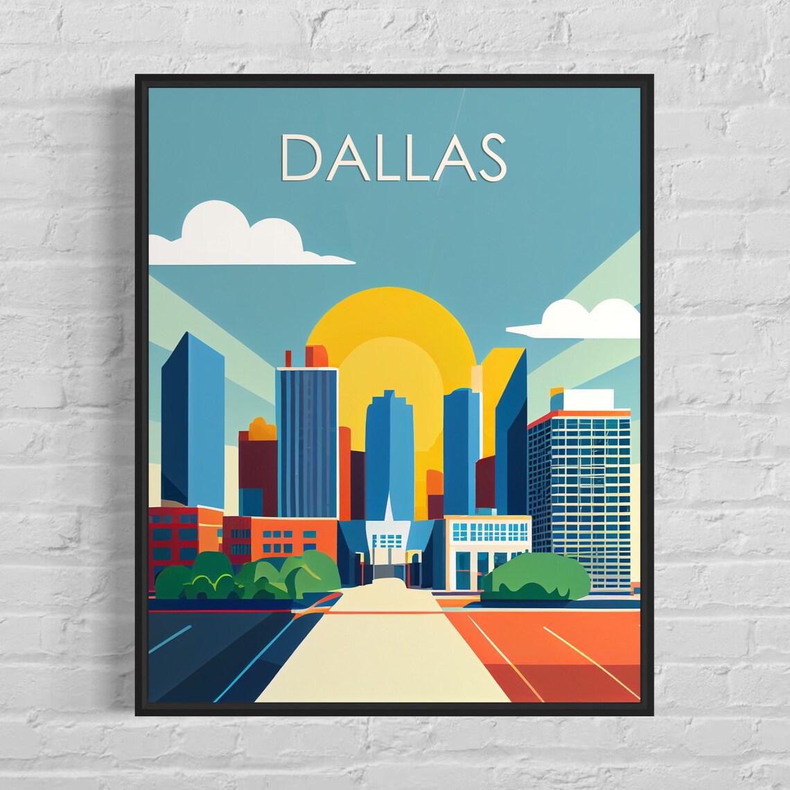 Dallas Texas Downtown Skyline Golden Sunset Retro Art Poster