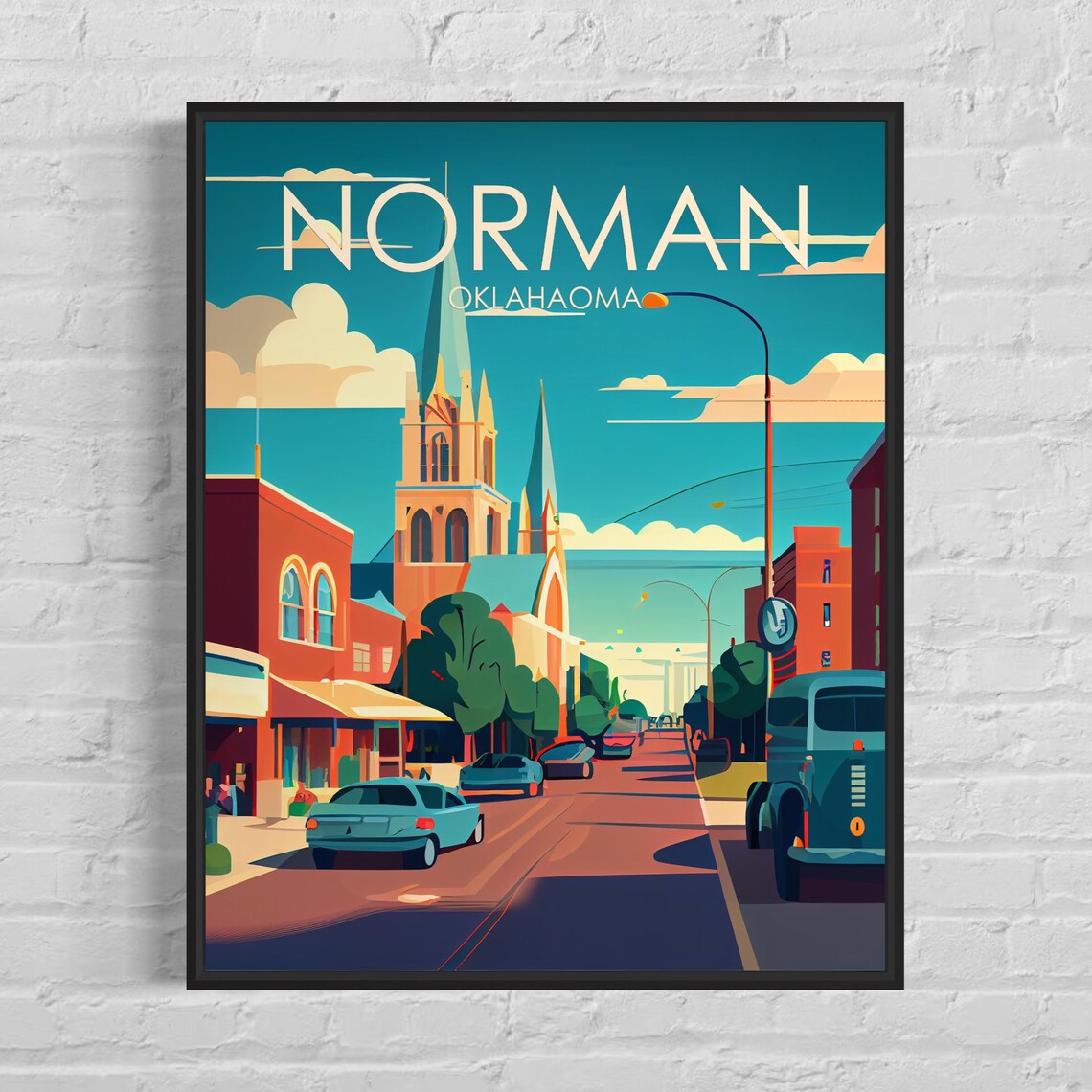 Norman Oklahoma Historic Downtown Church Retro Street Travel Poster
