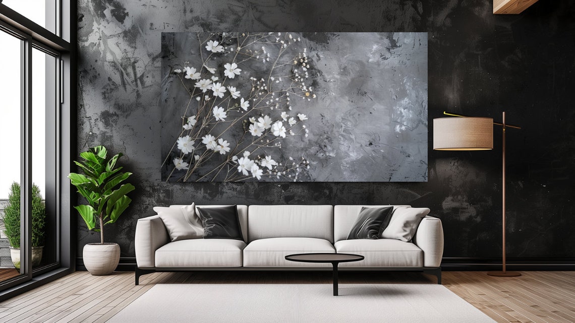 White Wildflowers Dark Grey Delicate Botanical Minimal Art Poster