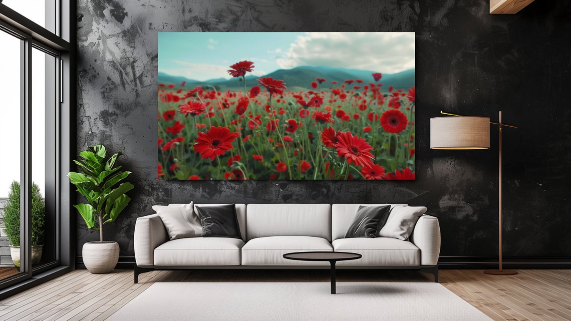 Red Gerbera Daisy Flower Field Meadow Mountain View Travel Poster