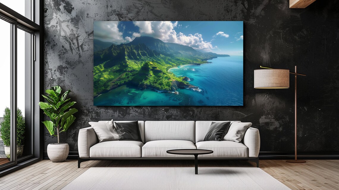 Green Volcanic Coastline Aerial Tropical Cliffs Turquoise Sea Poster