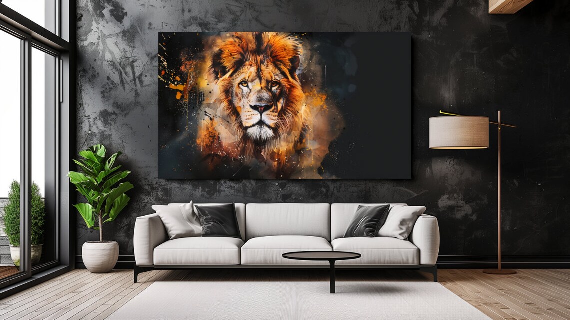 Rust Orange Lion Head Watercolor with Paint Splatter Dramatic Dark Wall Art Poster