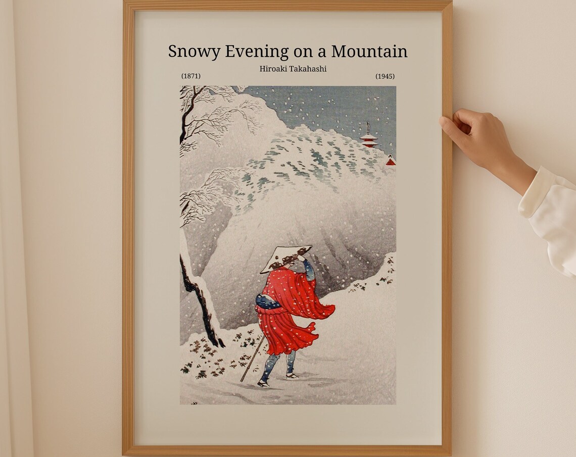 Hiroaki Takahashi Snowy Evening Mountain Red Cloak Woodblock Poster