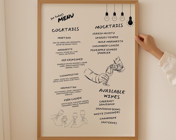 Hand Drawn Cocktail Menu Mocktails Wines List Bistro Bar Poster