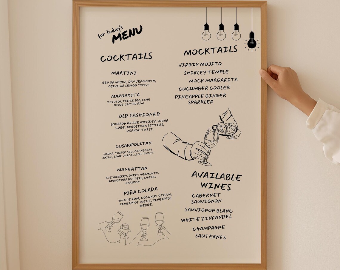 Hand Drawn Cocktail Menu Mocktails Wines List Bistro Bar Poster