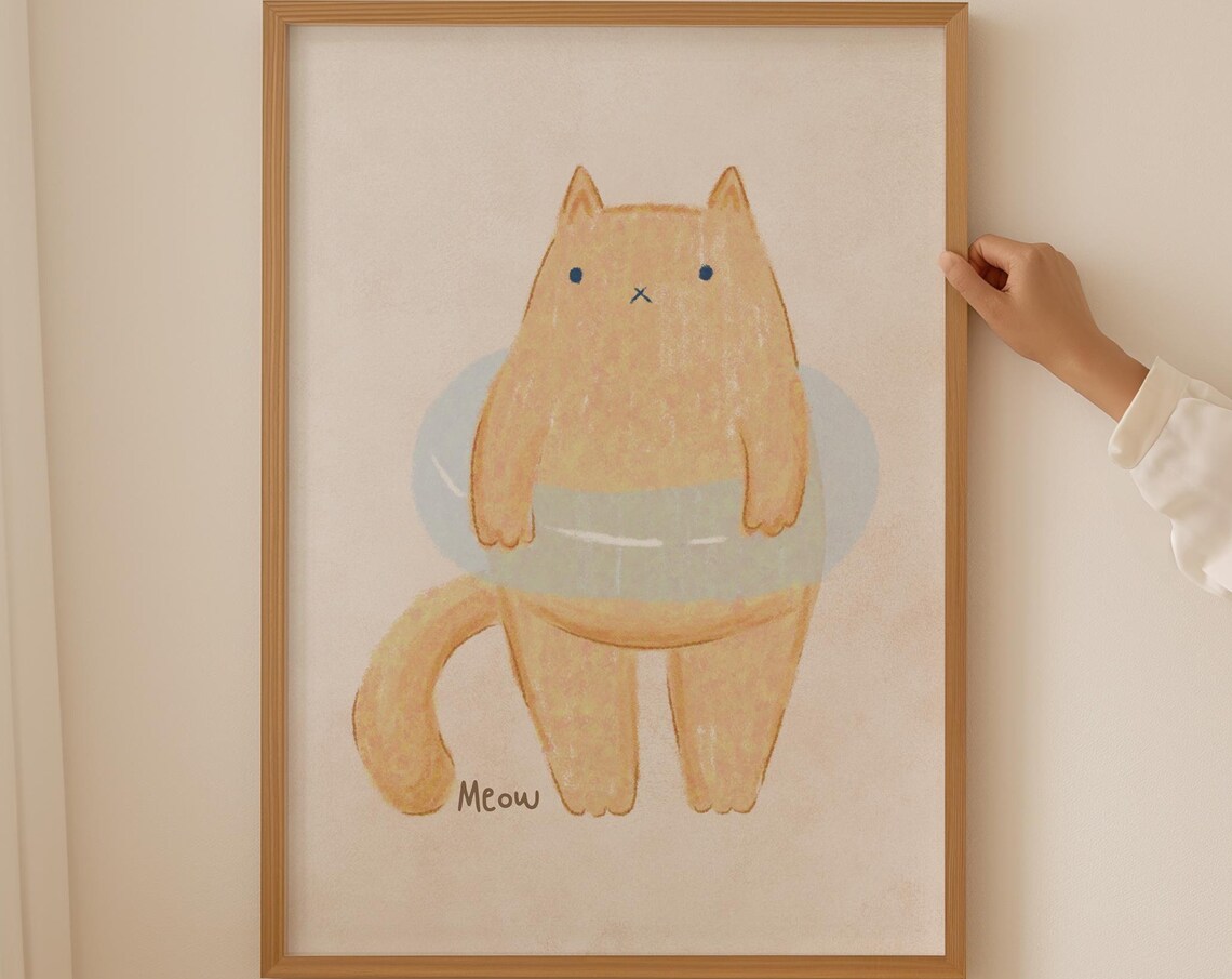 Cute Orange Cat With Swim Ring Meow Minimalist Nursery Print