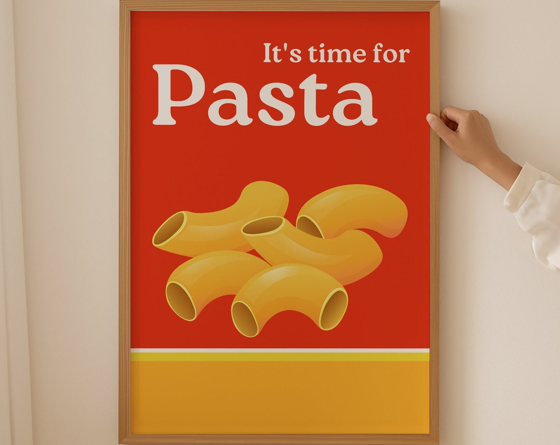 Pasta Time Macaroni Elbow Shape Red Retro Italian Kitchen Wall Art