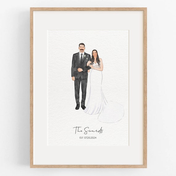Custom Wedding Couple Watercolor Portrait With Names and Date Art Poster