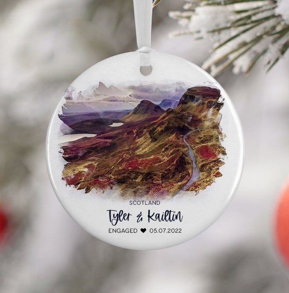 Custom Scotland Engagement Ornament, Watercolor Highlands Travel Poster