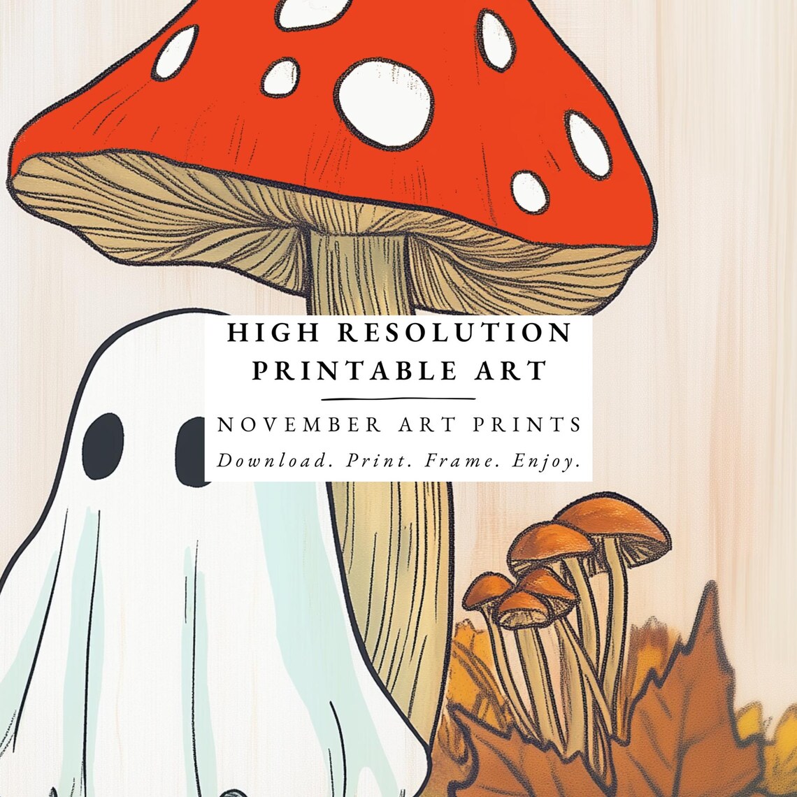 Cute Fall Ghost Sitting Beside Red Mushroom in Autumn Leaves Poster - Image 5